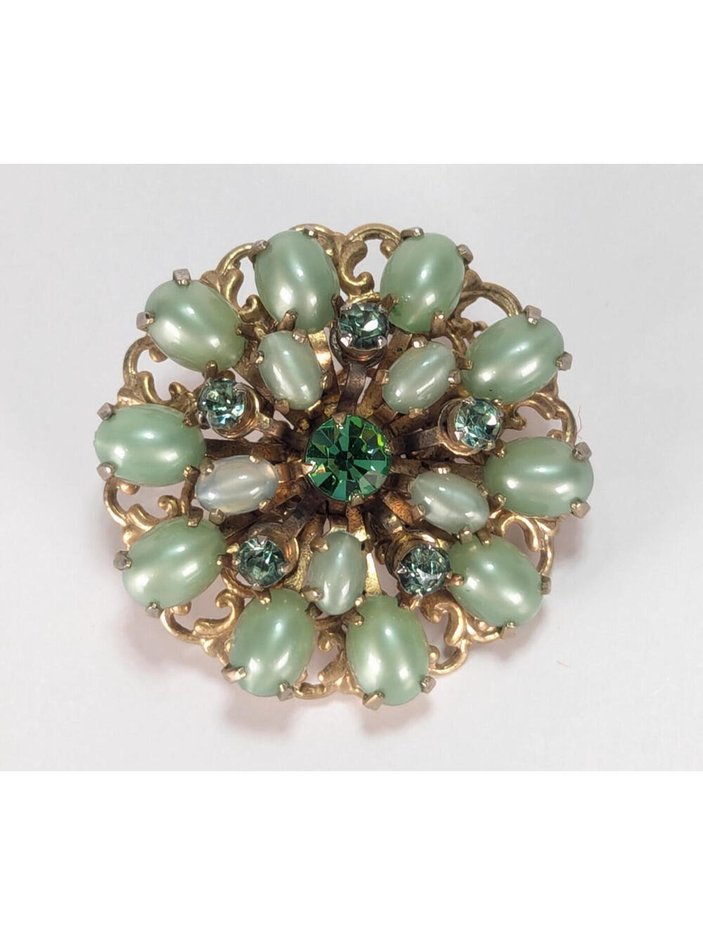 West Germany Filigree Brooch Green Glass Moonglow Cabachons, Rhinestone UV Pop